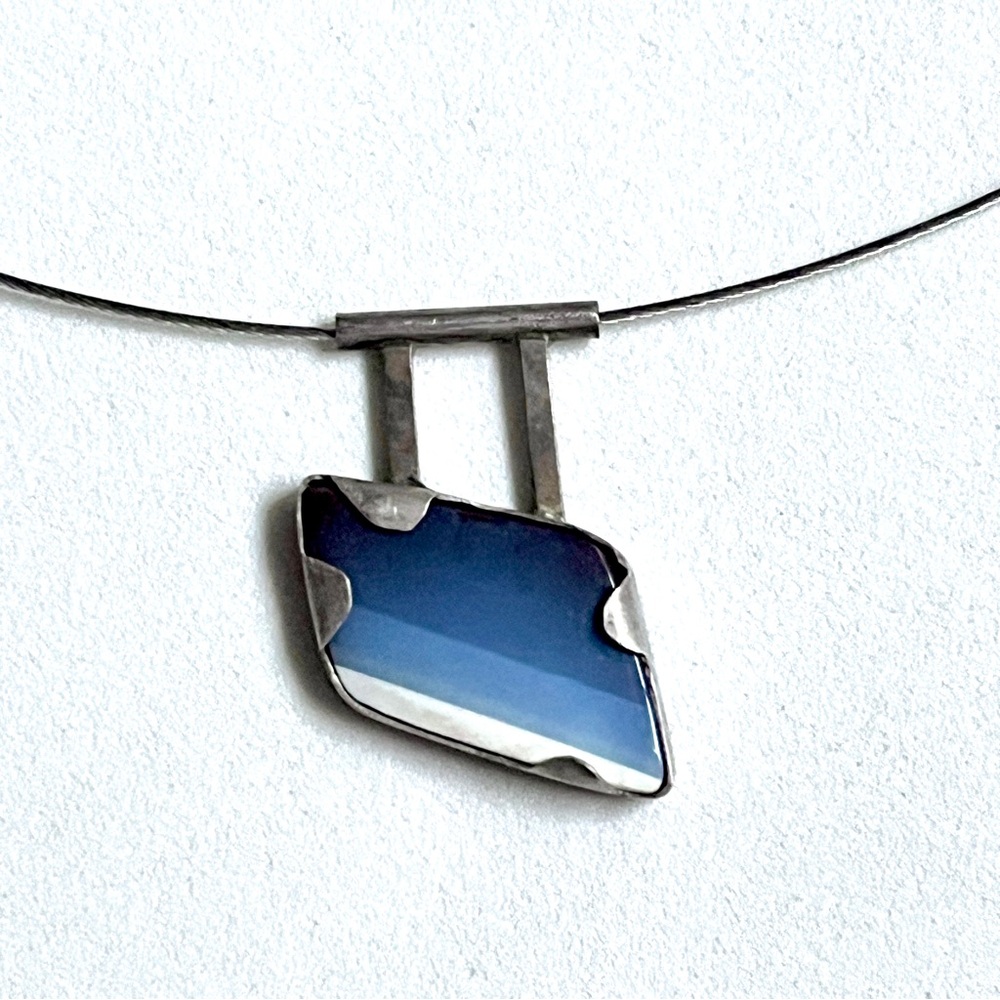 Unique Blue Striped Opal  Pendant Necklace silver & stainless steel. New
